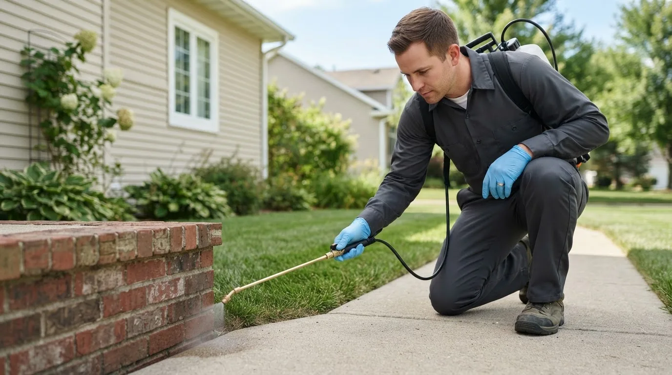 Pest control technician treating a home near Pilgrims Knob, VA